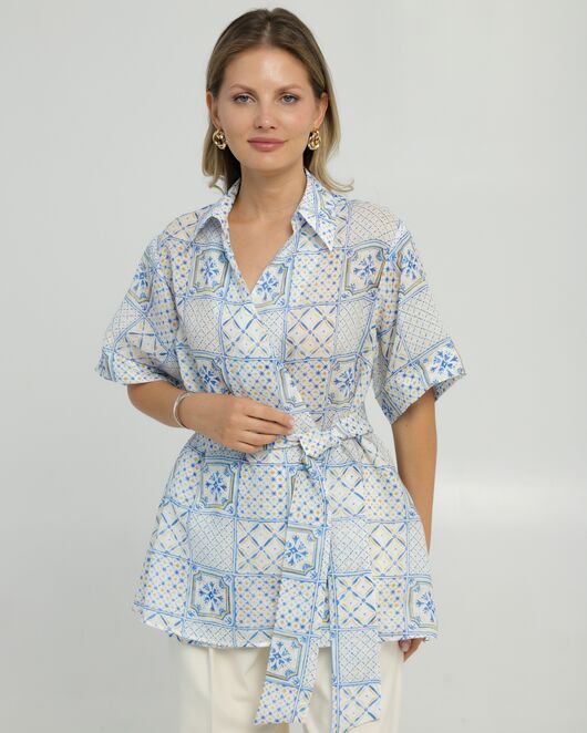 Женская рубашка на запах из крапивы принт испанская плитка 8847 от byME 