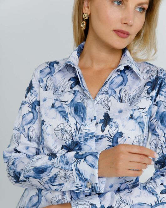 Рубашка хлопковая  принт синие птицы 8882 от ByME 