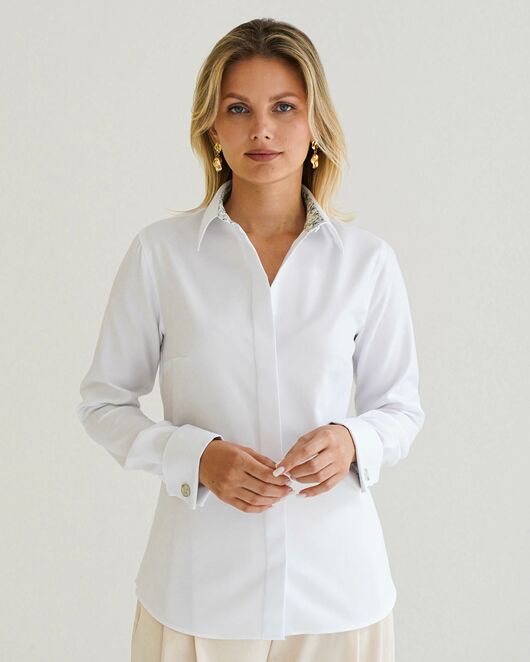 Женская рубашка из хлопка под запонку, с отделкой цветы - 8595 от byME 