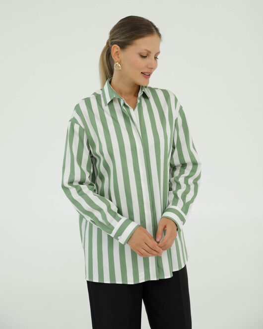 Рубашка хлопковая белая в зеленую крупную полоску 8936 от ByME 