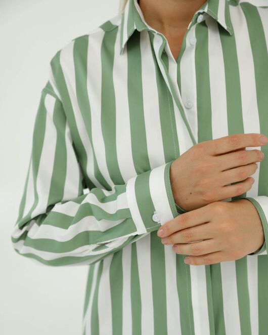 Рубашка хлопковая белая в зеленую крупную полоску 8936 от ByME 