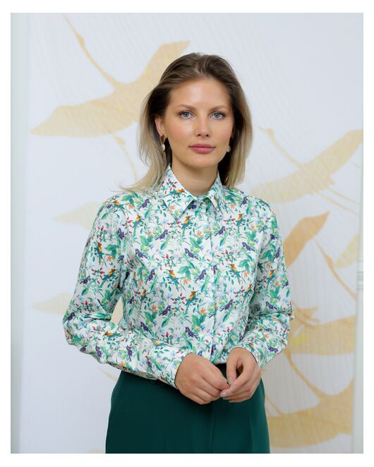 Женская рубашка из хлопка с принтом птичка в кустах - 8721 от byME 