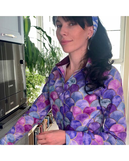 Женская рубашка  принт - яркие шарики, под пуговицы с супатной застежкой полуприталенная - 7814 от Double Cuff 