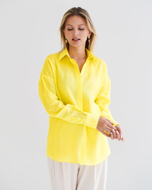 Женская рубашка изо льна оверсайз желтая - 8575 от  