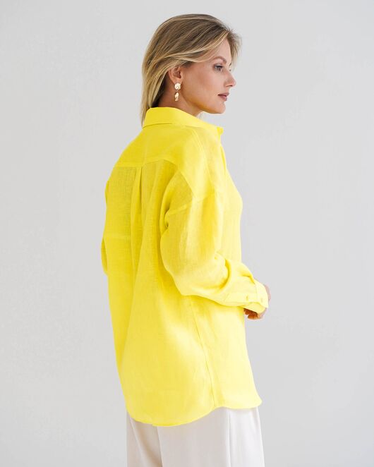 Женская рубашка изо льна оверсайз желтая - 8575 от  