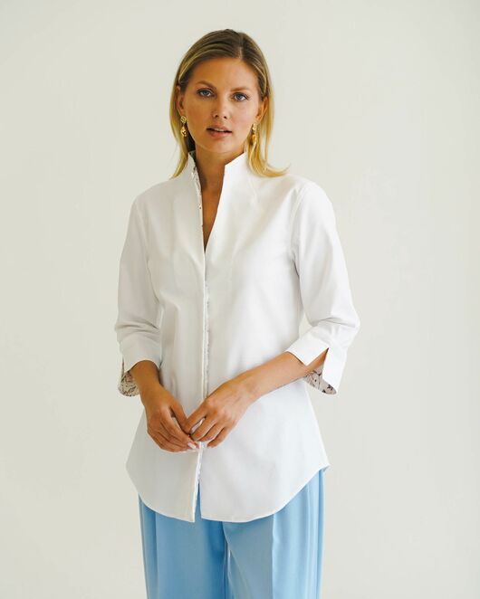 Женская рубашка из хлопка воротник стойка удлиненная рукав 3/4 - 8510 от byME 