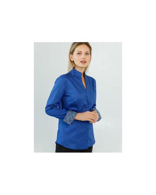 Женская рубашка под пуговицы воротник стойка синяя с отделкой - 8615 от byME 