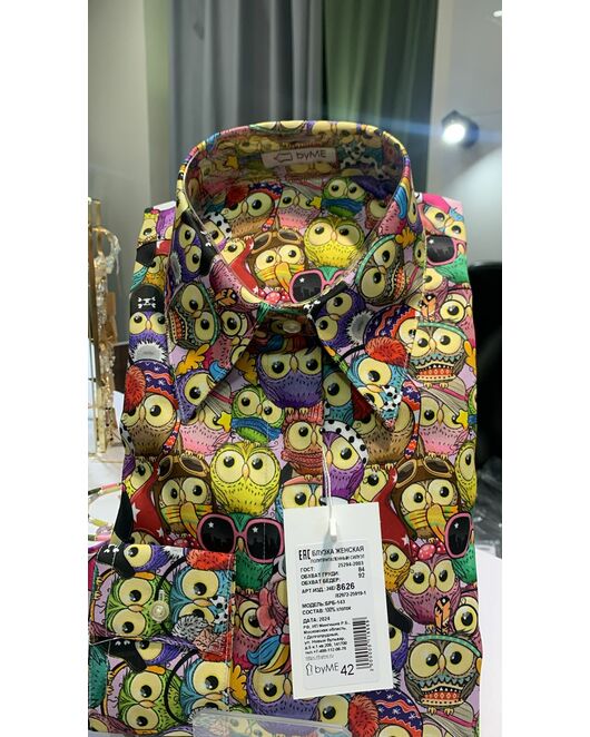 Женская рубашка  принт совы с универсальной манжетой в прямом силуэте - 8626 от ByME 