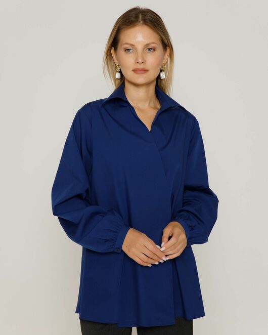 Женская рубашка на запа́х с поясом синяя - 8643 от byME 