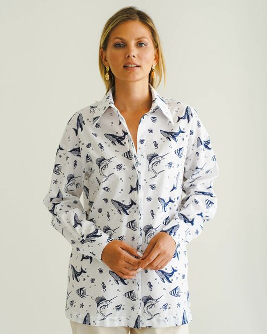 Женская рубашка с универсальным манжетом морской принт - 8548 от byME  Женская рубашка с универсальным манжетом морской принт - 8548 от byME