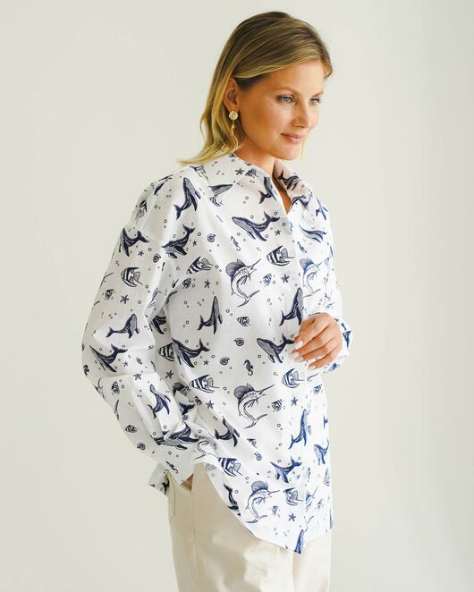 Женская рубашка с универсальным манжетом морской принт - 8548 от byME  Женская рубашка с универсальным манжетом морской принт - 8548 от byME