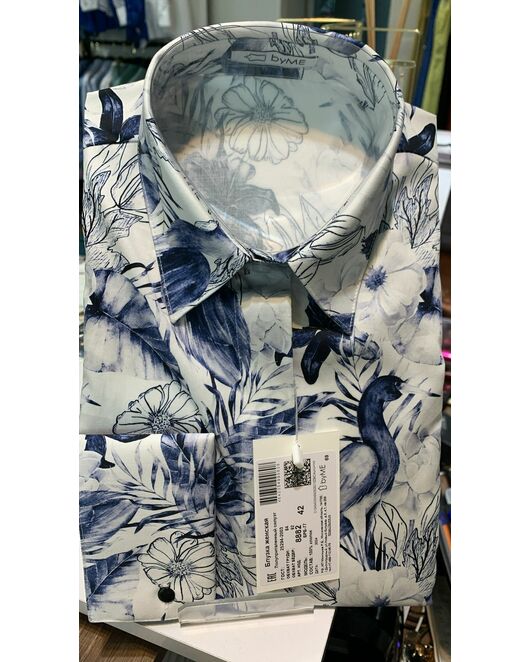 Рубашка хлопковая  принт синие птицы 8882 от ByME 