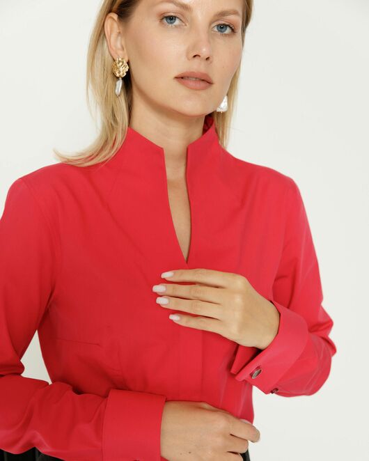 Женская рубашка под запонку воротник стойка красная - 8644 от byME 