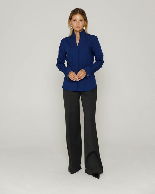 Женская рубашка под запонку воротник стойка  в темно-синем цвете - 8646 от  