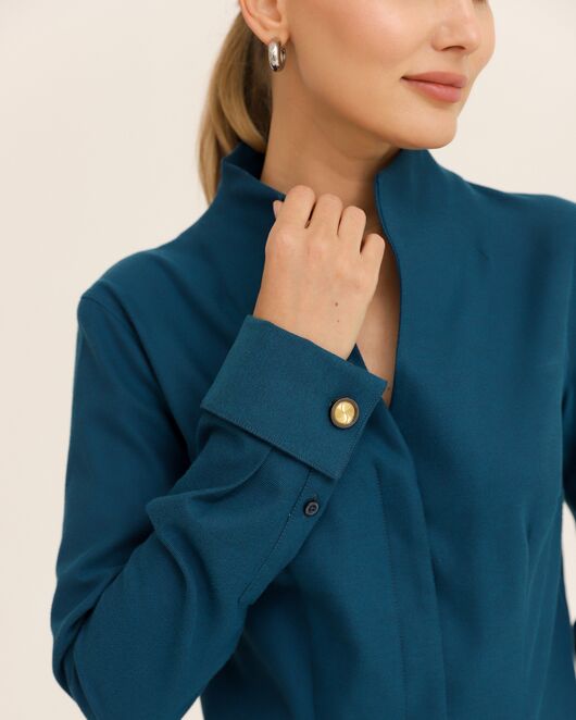 Рубашка синяя под запонки  воротник стойка - 8942 от ByME 