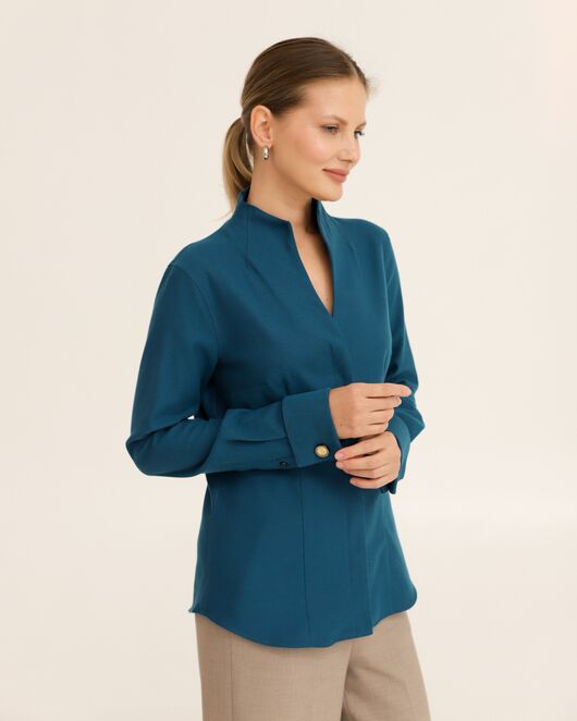 Рубашка синяя под запонки  воротник стойка - 8942 от ByME 