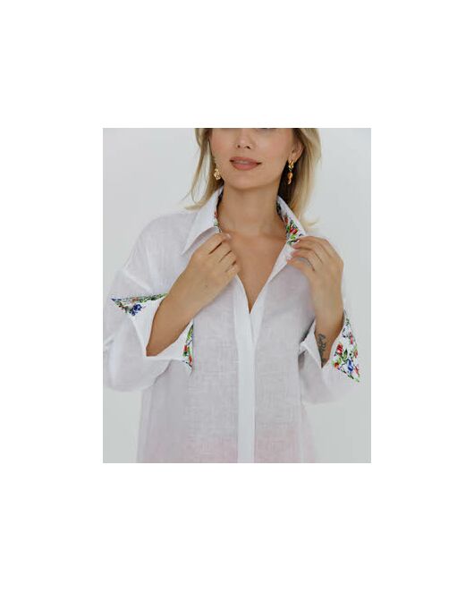 Рубашка льняная женская в белом цвете в прямом силуэте с универсальной манжетой - 8579 от byME 