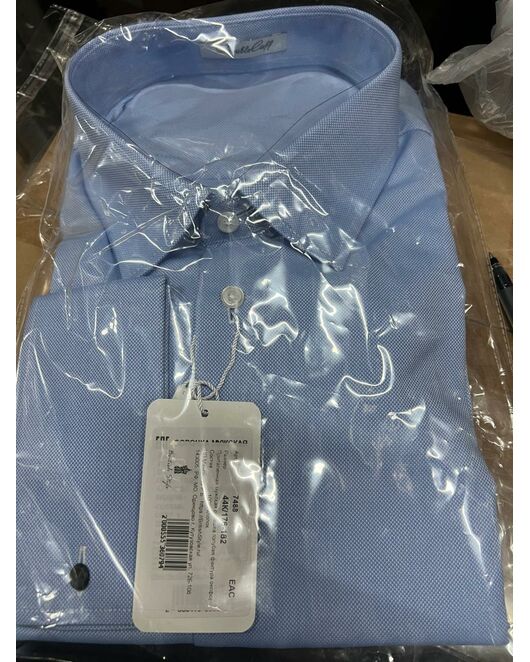 Приталенная мужская рубашка голубая фактура оксфорд под запонки - 7488 от DoubleCuff 