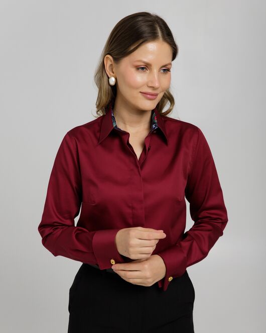 Рубашка хлопковая под запонки винная с отделкой пионы 8947 от byME  Рубашка хлопковая под запонки винная с отделкой пионы 8947 от byME