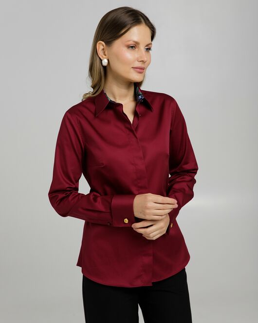 Рубашка хлопковая под запонки винная с отделкой пионы 8947 от byME  Рубашка хлопковая под запонки винная с отделкой пионы 8947 от byME
