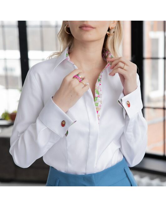 Женская рубашка под запонку белая с супатной застежкой с отделкой - 7878 от byME 