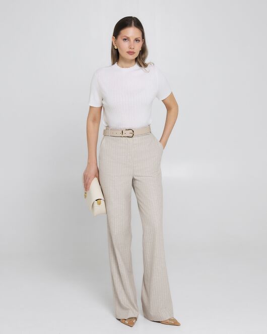 Женские брюки из хлопка и льна бежевые в тонкую полоску-B0010 от byME 