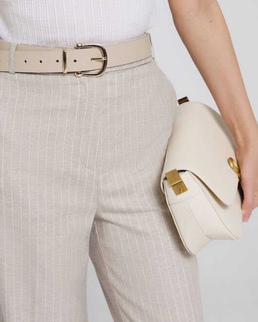 Женские брюки из хлопка и льна бежевые в тонкую полоску-B0010 от byME 