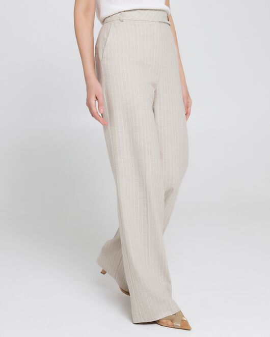 Женские брюки из хлопка и льна бежевые в тонкую полоску-B0010 от byME 