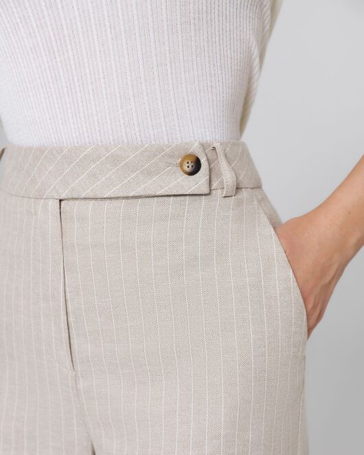 Женские брюки из хлопка и льна бежевые в тонкую полоску-B0010 от byME 