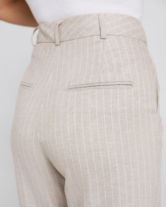 Женские брюки из хлопка и льна бежевые в тонкую полоску-B0010 от byME 