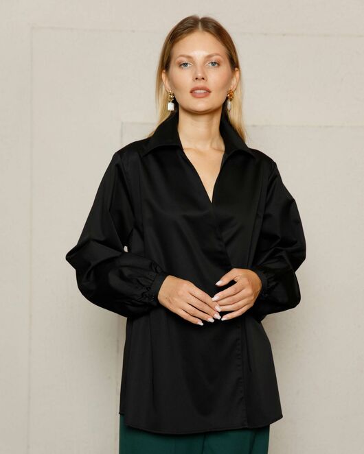 Женская рубашка на запа́х с поясом черная - 8642 от byME 
