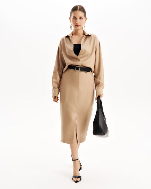 Юбка песочная прямая с разрезом из тенсела  SK2-1001 от byME 