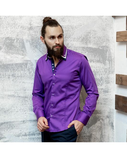 Мужская рубашка приталенная под пуговицы фиолетовая - 7020 от Tonelli 