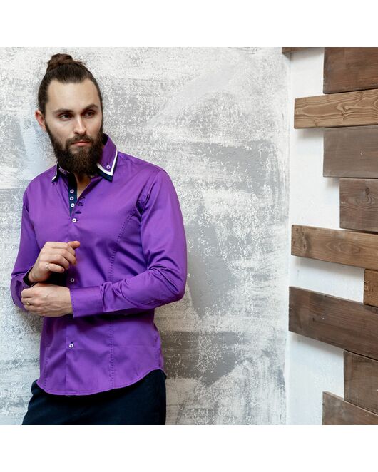 Мужская рубашка приталенная под пуговицы фиолетовая - 7020 от Tonelli 