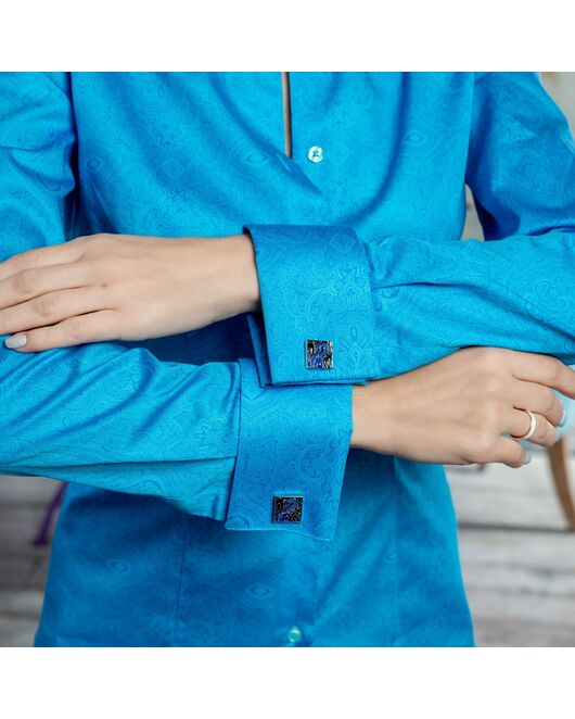 Женская рубашка под запонку бирюзового цвета с восточным узором-7335 от DoubleCuff 