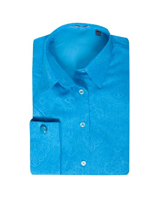 Женская рубашка под запонку бирюзового цвета с восточным узором-7335 от DoubleCuff 