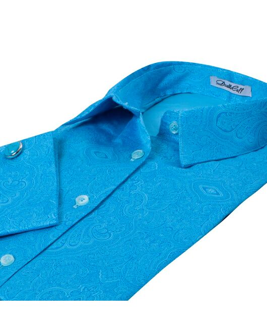 Женская рубашка под запонку бирюзового цвета с восточным узором-7335 от DoubleCuff 