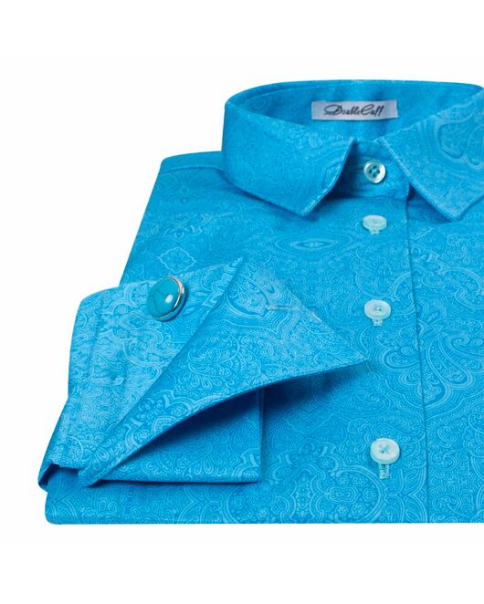 Женская рубашка под запонку бирюзового цвета с восточным узором-7335 от DoubleCuff 