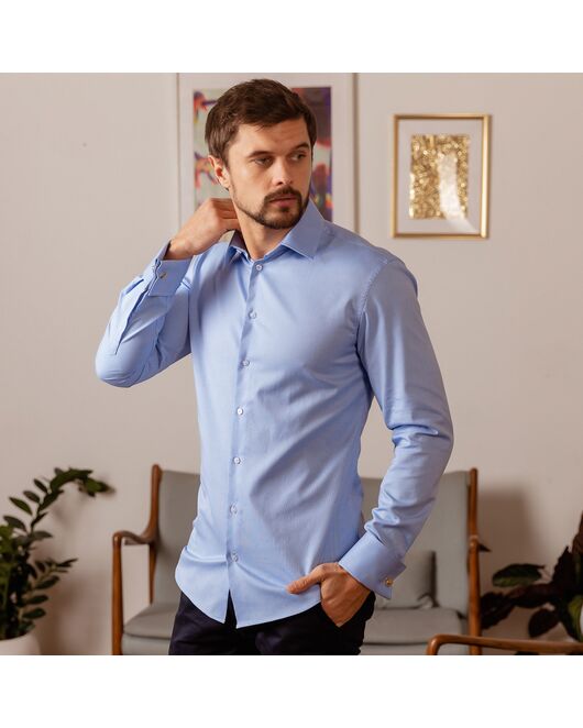 Приталенная мужская рубашка голубая фактура оксфорд под запонки - 7488 от DoubleCuff 