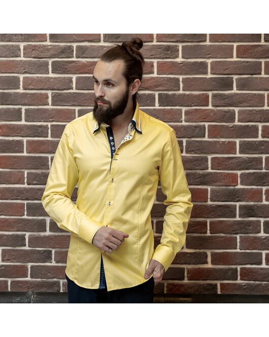 Мужская рубашка приталенная тройной воротник со вставками лимонная - 961 от Tonelli 