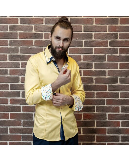 Мужская рубашка приталенная тройной воротник со вставками лимонная - 961 от Tonelli 