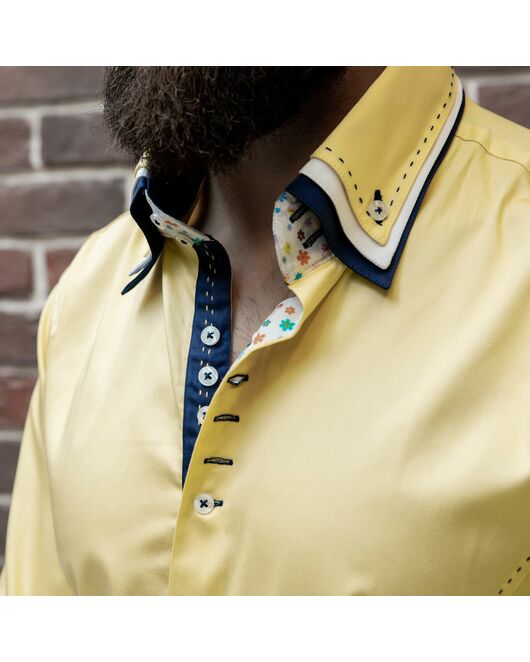 Мужская рубашка приталенная тройной воротник со вставками лимонная - 961 от Tonelli 