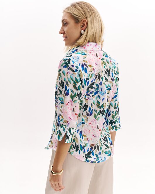 Женская рубашка из крапивы принт Розовые цветы и лепестки с рукавом 3/4  8985 от byME 