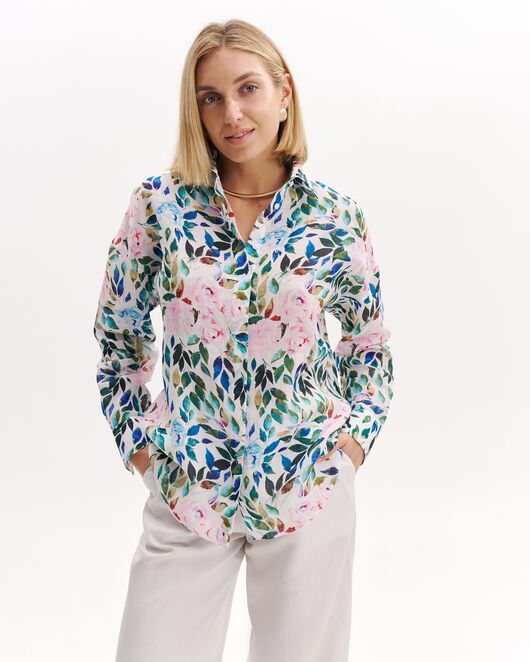 Женская рубашка из крапивы  розовые цветы и лепестки в оверсайз силуэте -8992 от byME 