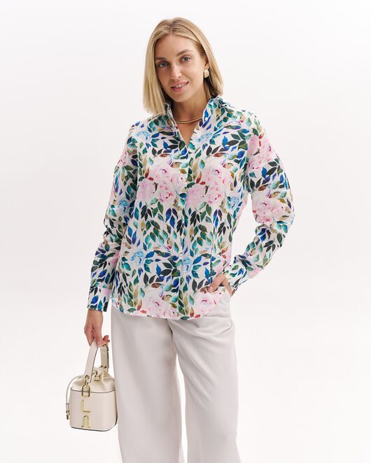 Женская рубашка из крапивы  розовые цветы и лепестки в оверсайз силуэте -8992 от byME 