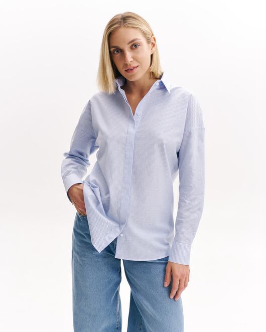 Женская рубашка из хлопка голубая в полоску в оверсайз силуэте  -8993 от byME 