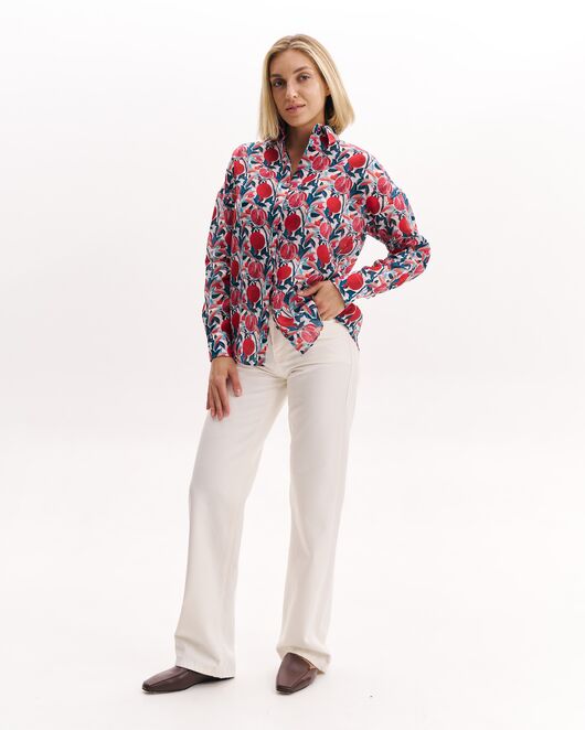 Женская рубашка  из крапивы в оверсайз силуэте принт гранаты  8988 от byME  Женская рубашка  из крапивы в оверсайз силуэте принт гранаты  8988 от byME