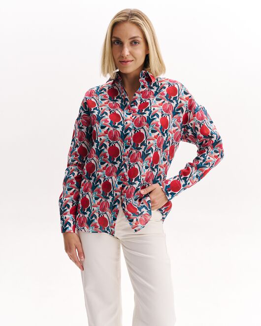 Женская рубашка  из крапивы в оверсайз силуэте принт гранаты  8988 от byME  Женская рубашка  из крапивы в оверсайз силуэте принт гранаты  8988 от byME