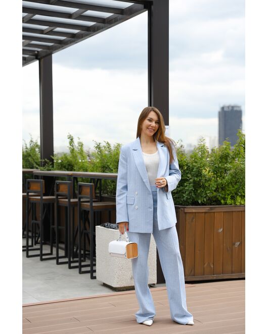 Брюки прямые голубые в тонкую полоску из льна и вискозы TR1-1001 от  