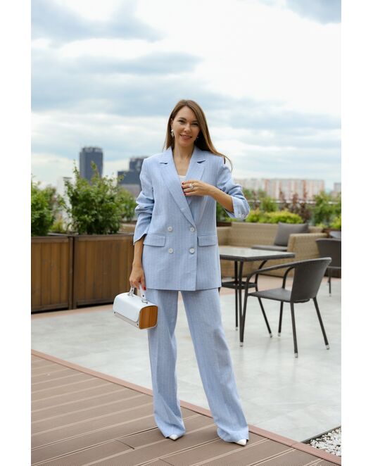 Брюки прямые голубые в тонкую полоску из льна и вискозы TR1-1001 от  